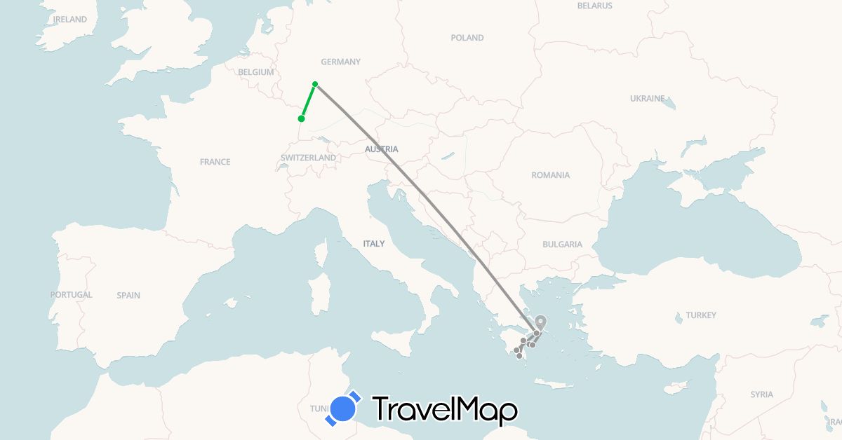 TravelMap itinerary: bus, plane in Germany, France, Greece (Europe)